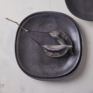 May include: Two dark gray ceramic plates, one nested inside the other, with a rough, textured surface. A dried seed pod with a brown stem rests on the plates. The plates have a slightly irregular, organic shape.