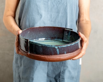 Ceramic Turquoise XL Bowl, Deep Serving Bowl, Large Round Handmade Oven to Table Pottery Dish, Rustic Baking Dish, Deep Pie Baking Dish