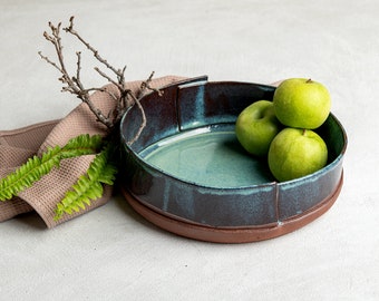 Large Round Handmade Oven to Table Pottery Dish, Ceramic Turquoise Rustic Serving Bowl, Casserole Baking Dish, Deep Pie Baking Dish