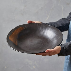 XL Black and Golden Amber Decorative Pottery Bowl, 12.6" Deep Ceramic Serving Bowl, Wabi Sabi Pottery Unique Bowl, Table Centerpiece
