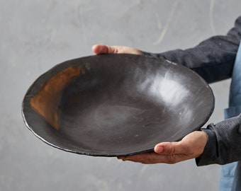 XL Black and Golden Amber Decorative Pottery Bowl, 12.6" Deep Ceramic Serving Bowl, Wabi Sabi Pottery Unique Bowl, Table Centerpiece