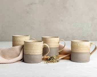 Set of Four Coffee Mugs with Handle, Cream & Gray Handmade Tea Mug Set, Four Stoneware Pottery Large Mugs, Ceramic Christmas Gift