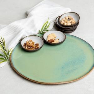 Green-Turquoise Large Platter & 6 Bowls Set, Seder Plate, Handmade Ceramic Large Serving Set, Nachos and Snacks Serving Dish, Wedding Gift image 9