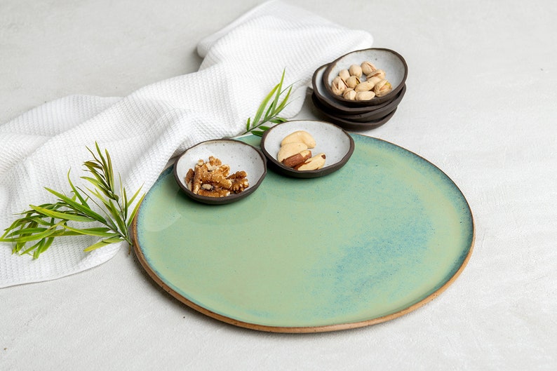 Green-Turquoise Large Platter & 6 Bowls Set, Seder Plate, Handmade Ceramic Large Serving Set, Nachos and Snacks Serving Dish, Wedding Gift image 9