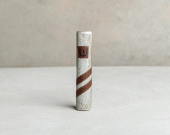 Handmade Ceramic White and Terracotta Mezuzah Case with Shin ש Decor - Made in Israel