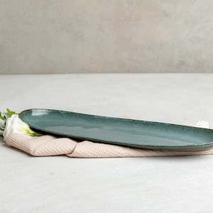 XL 15&quot; Long Ceramic Oval Platter, Elegant Teal Turquoise Modern Plate