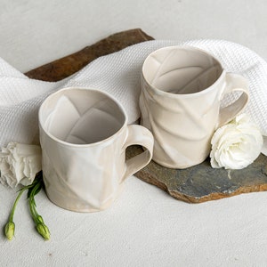 TWO Large Unique Ceramic White Coffee Mugs, Textured 13.5 Oz Handmade Pottery Rustic Mugs, Tea Mug Set, Modern Pottery Gift image 6