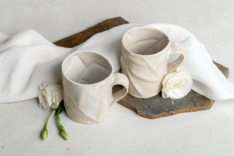 TWO Large Unique Ceramic White Coffee Mugs, Textured 13.5 Oz Handmade Pottery Rustic Mugs, Tea Mug Set, Modern Pottery Gift image 6