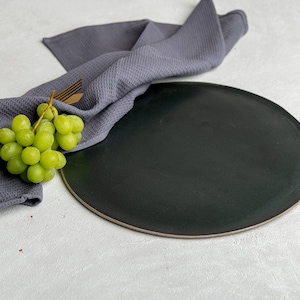 Large Handmade Black Stoneware Platter, Round Ceramic Serving Plate, Unique Pottery Round Serving Tray, 11&quot; Cake Platter, Christmas Gift