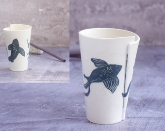 Set of 2 Porcelain Coffee Tumblers, Handmade Pottery Mug Carved Koi Fish, Unique Ceramic White Cup, Tea or Coffee Mug, Housewarming Mom Gift