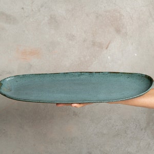 Handmade Pottery Long Oval Turquoise Platter, 15&quot; Ceramic Dinner Serving Dish, Large Teal Blue Fruits Cake Cheese Serving Tray, Wedding Gift