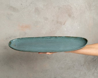 Handmade Pottery Long Oval Turquoise Platter, 15" Ceramic Dinner Serving Dish, Large Teal Blue Fruits Cake Cheese Serving Tray, Wedding Gift