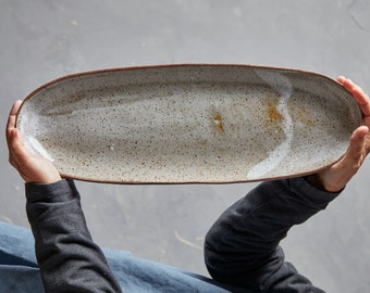 Extra Long Oval Shaped Serving Platter, Large 15" Ceramic Rice / Side-Dish Serving Plate, Off White Unique Handmade Cake Serving Dish