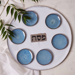 Handmade Ceramic Large Seder Plate, Jewish Holiday Gift, Passover Gift, Cream and Blue Gift for Jewish Wedding, Judaica Gift, Made in Israel image 8