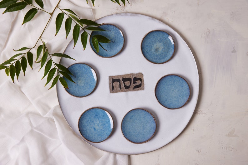 Handmade Ceramic Large Seder Plate, Jewish Holiday Gift, Passover Gift, Cream and Blue Gift for Jewish Wedding, Judaica Gift, Made in Israel image 8