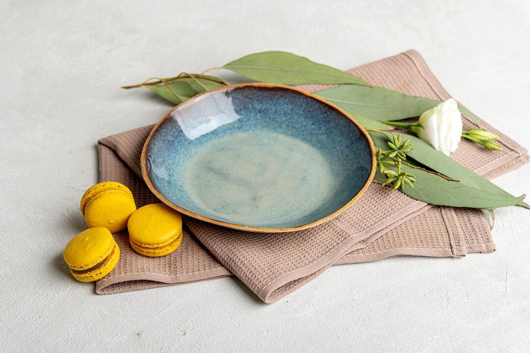Juego de platos de ensalada de cerámica azul, elegantes platos de