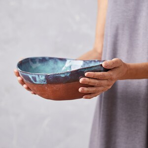 Large Turquoise Fruit Ceramic Bowl, Ceramic Deep Oval Serving Bowl, Pottery Rustic Blue Bowl, Salad Serving Dish, Stoneware Bowl image 2