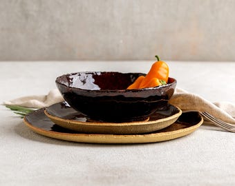  Honey 食器セット 4点 手作り陶器食器セット：ハニーグレーズ加工の素朴な陶器 - Etsy 日本