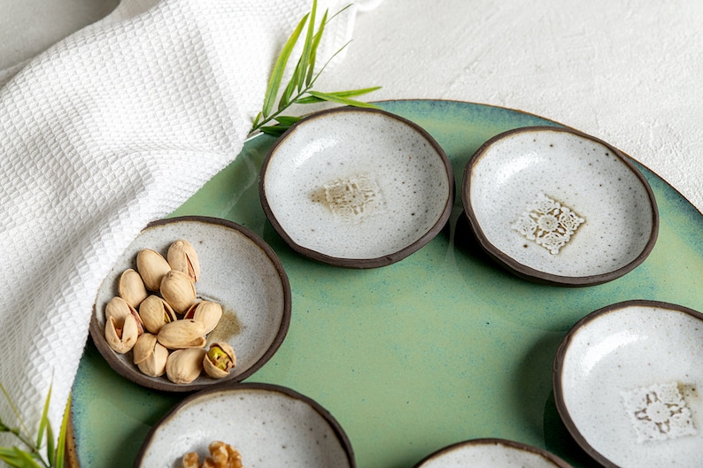 Green-Turquoise Large Platter & 6 Bowls Set, Seder Plate, Handmade Ceramic Large Serving Set, Nachos and Snacks Serving Dish, Wedding Gift image 3