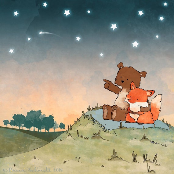 Bear and Fox Art Print Woodland Animals and Starry Night | Etsy