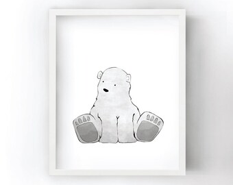 Polar Bear Nursery Art Print - Arctic Animal Wall Art for Kids Room, Polar Bear Print, White Nursery