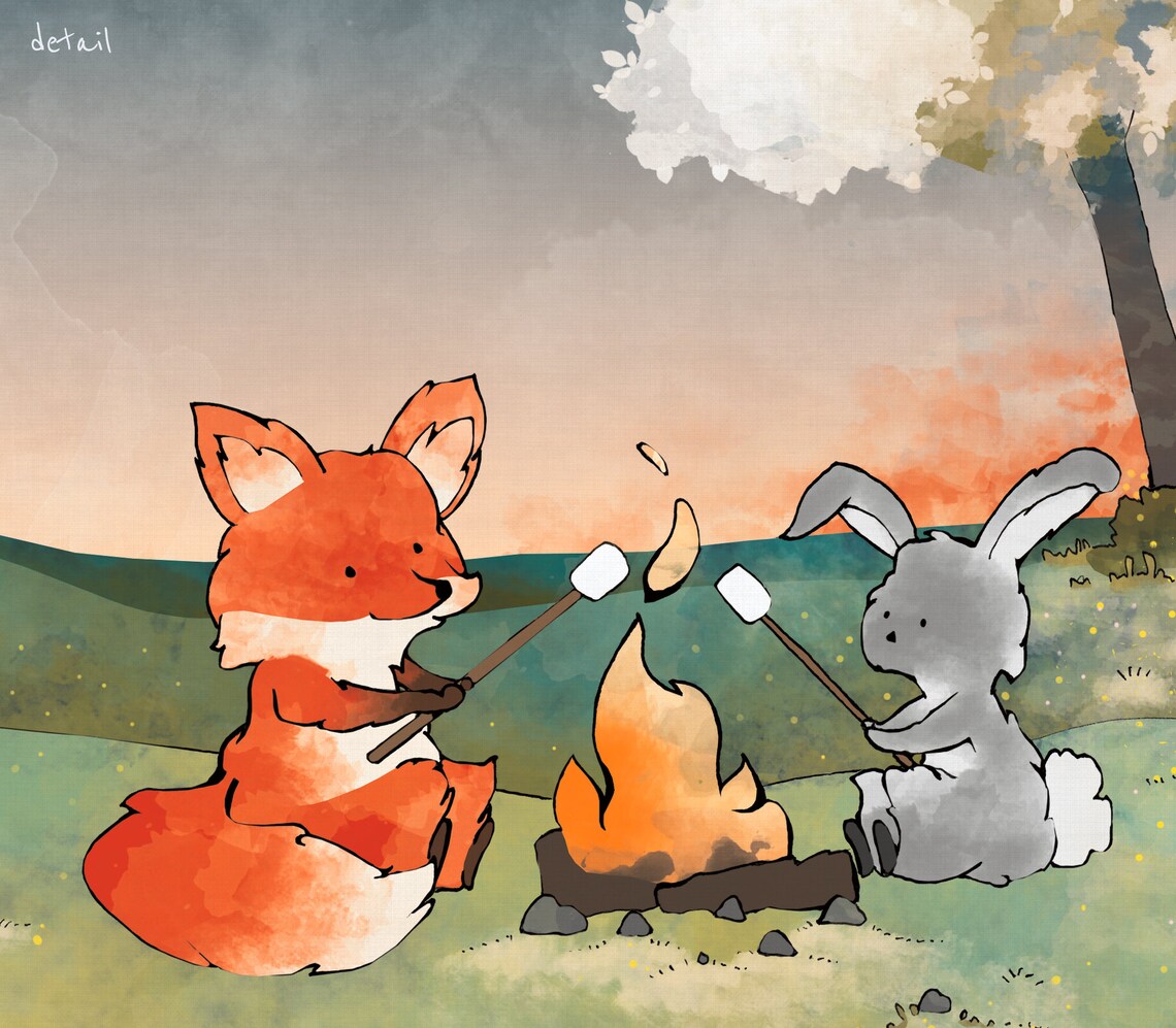 Fox and Rabbit Illustration Roasting Marshmallows and Etsy