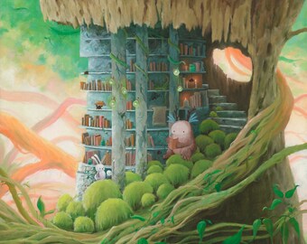 Old Forest Library Art Print, Books and Reading, Cozy Fantasy Art, Whimsical, Woodland, Oil Paints