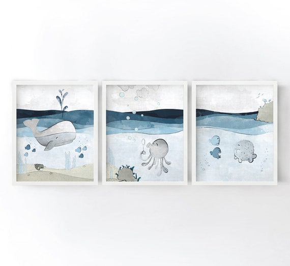 Ocean Nursery Decor Whale Nursery Grey Blue Kids Room Art Etsy