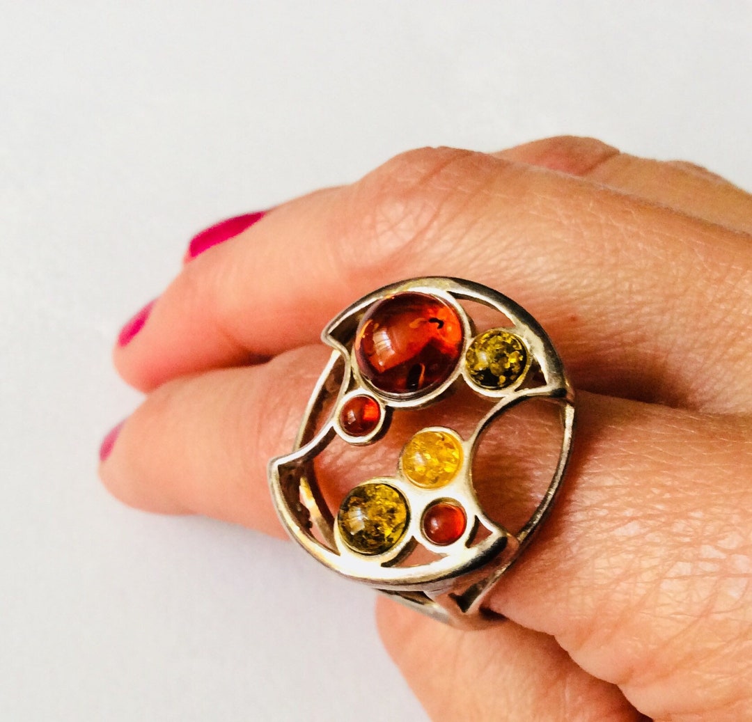 Old Rings From 2000 Early 2000’s Vintage Sterling Silver and Amber Ring. Abstract Openwork ...