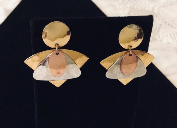 1980s Vintage Tritone Geometric Earrings - image 1
