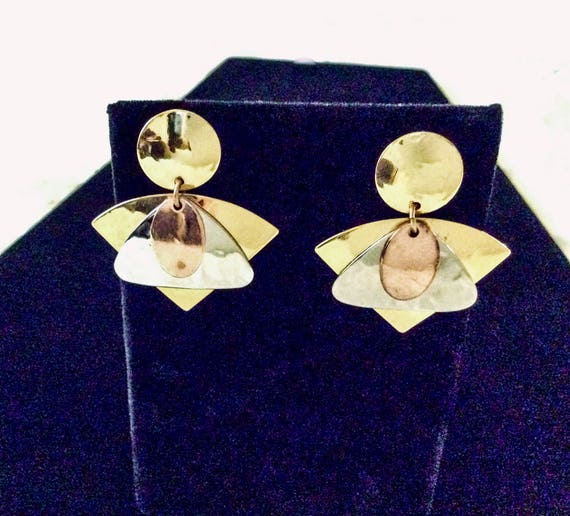 1980s Vintage Tritone Geometric Earrings - image 3