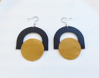 Genuine Yellow and Black Leather Geometric Earrings | Real Leather Earrings