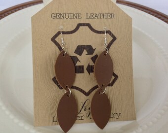 Genuine Leather Earring, Long Drop Real Leather Earrings, Brown Color, Leather Leaf Earrings