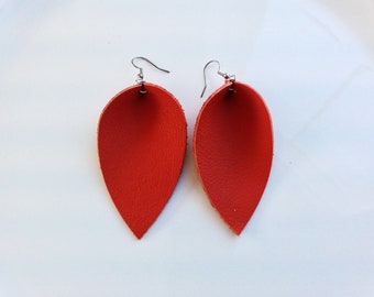 Genuine Leather Burnt Orange Leaf Earring | Leaf Earring Leather Earring | Orange Leather Drop Leaf Earring