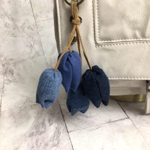 Tulip Denim handbag charms, upcycled denim blue shades, purse charms handmade with denim in a beautiful tulip shape