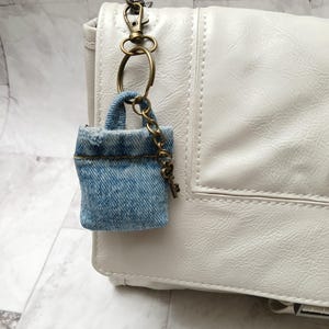 Denim upcycled mini bag charm, plushie denim purse charm keychain, mini tote bag charm, bag embellishments, bag jewelry
