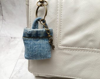 Denim upcycled mini bag charm, plushie denim purse charm keychain, mini tote bag charm, bag embellishments, bag jewelry