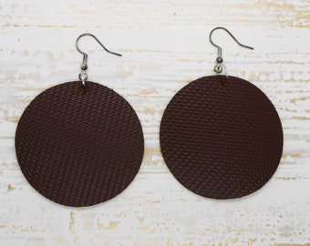 Genuine Leather Brown Circle Earring , Round Leather Earring | Brown Textured Leather Earring