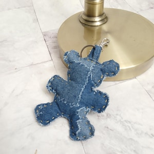 Patchwork Denim Bear plush Bag Charm, Purse charm in Denim soft plushie. Handbag Charm, Zipper Charms