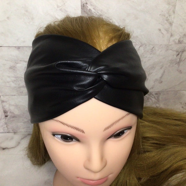 Bandeau turban, turban en faux cuir torsadé, bandeau turban noir, bandeau de cheveux, enveloppement de tête en simili cuir