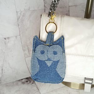 Denim Owl plushie handBag Charm, Purse charm in Denim soft plushie. Animal Handbag Charm