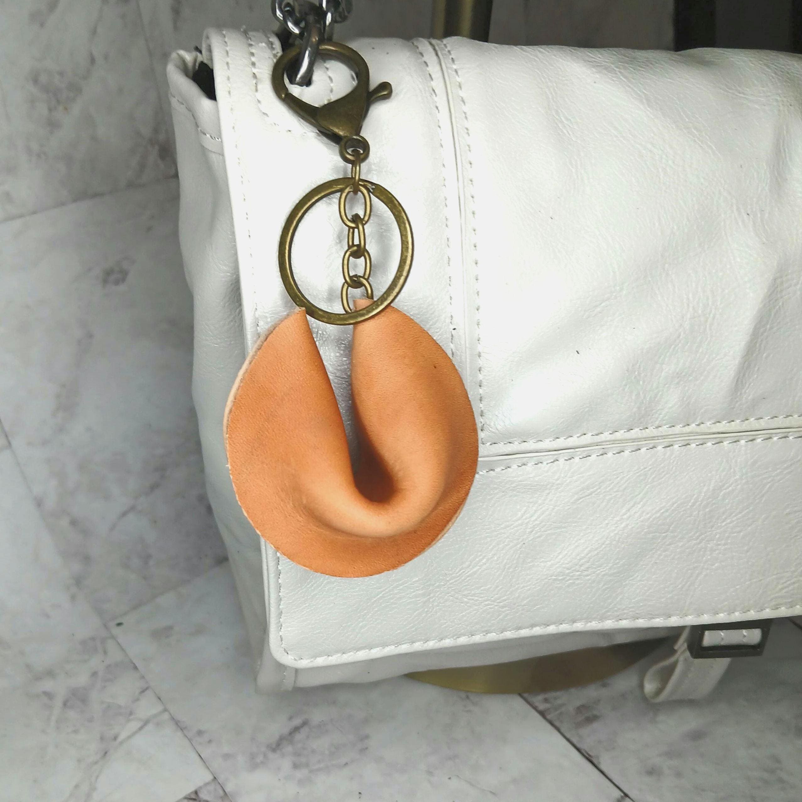 Leather fortune cookie bag charm, fortune cookie keychain purse charm, genuine leather handbag charms