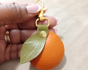 Orange Fruit bag charm, Genuine Leather orange with leaf purse charm