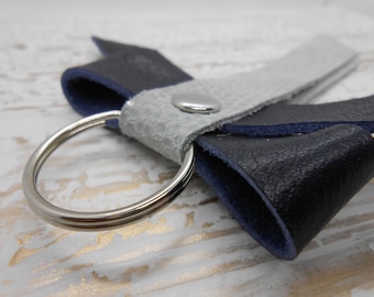 Genuine Leather Bow Keychain | Navy & Blue Keyring | Leather Bow Keyring | Keyring for Women