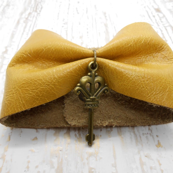 Genuine Leather Yellow Mustard Cuff Bracelet | Leather Bow Bracelet | Bow Cuff with Key Charm | Charm Bracelet