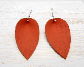 Genuine Leather Burnt Orange Leaf Earring | Leaf Earring Leather Earring | Orange Leather Drop Leaf Earring