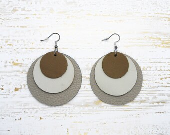 Genuine Beige Round Leather Earrings , Real Leather Circle Earrings | Three Layer Leather Earings | Round Dangle Earring