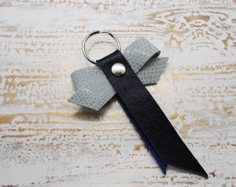 Genuine Leather Bow Keychain , Navy & Light Shimmer Blue Keyring , Leather Bow Keyring , Keyring for Women