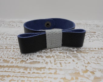 Genuine Leather Navy Blue Bow Cuff | Leather Bow Tie Bracelet | Leather Shimmer Blue Bow Bracelet | Bow Tie Wrist Cuff