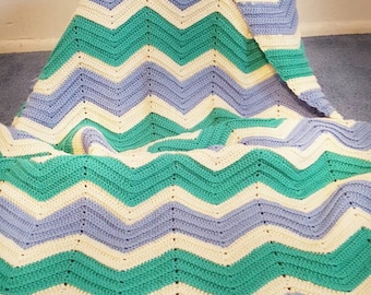 Blue teal and white crochet blanket. Crochet throw. Crochet blanket. Handmade afghan. Crochet afghan. Chevron blanket. Wedding gift